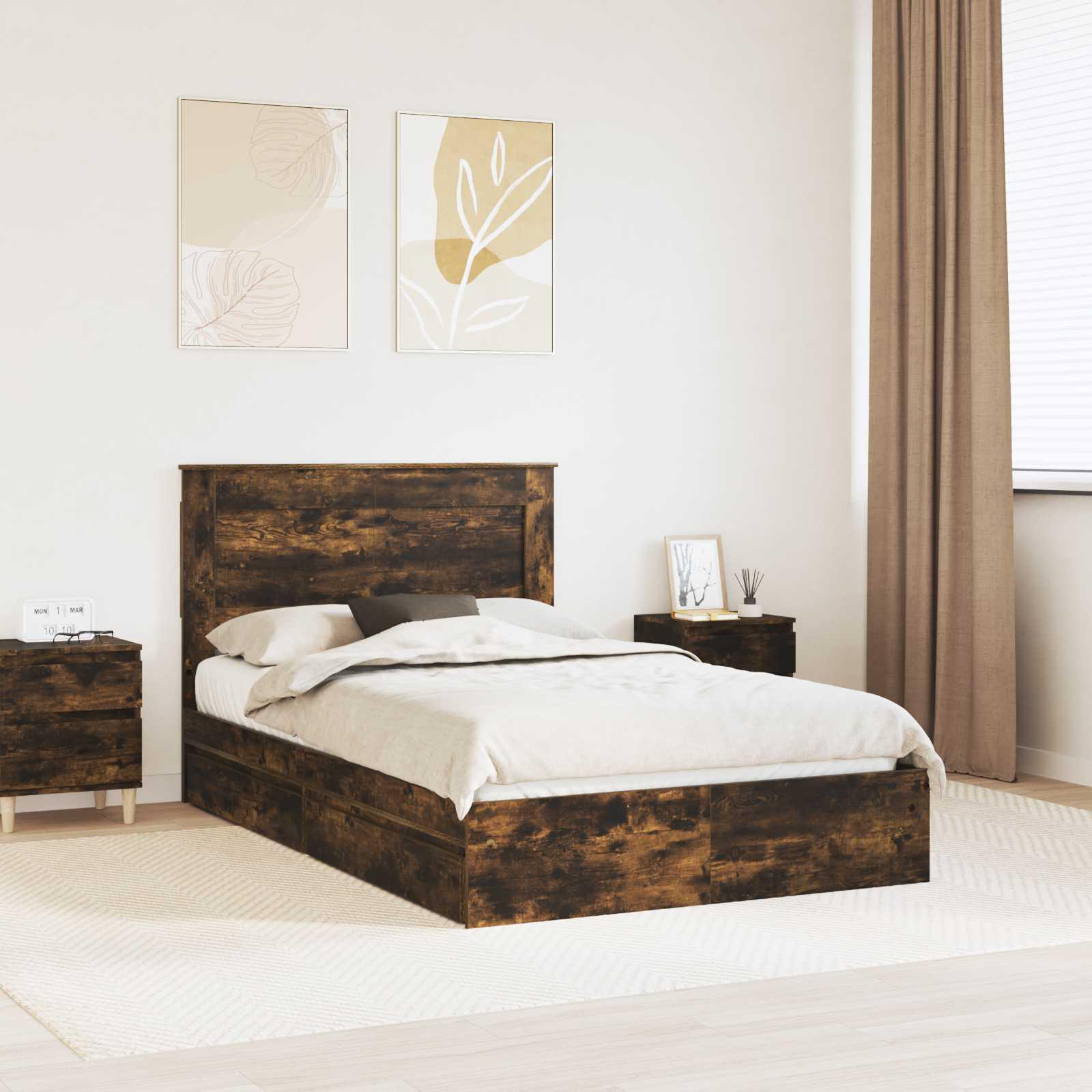 Sengestel med skuffe Røget eg 135 x 190 cm Konstrueret træ billede