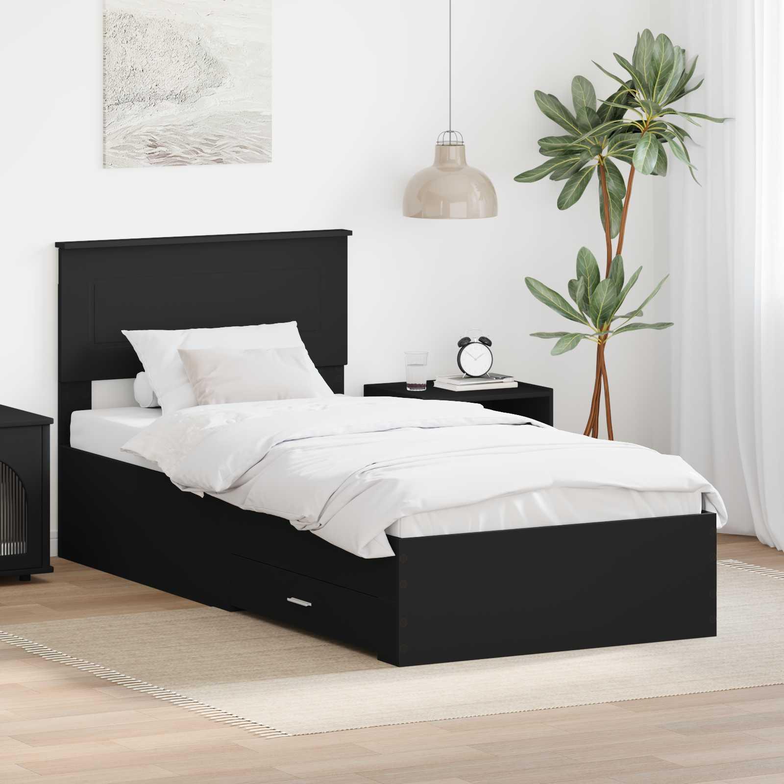 Sengestel med skuffe Sort og Sølv 100 x 200 cm Konstrueret træ billede
