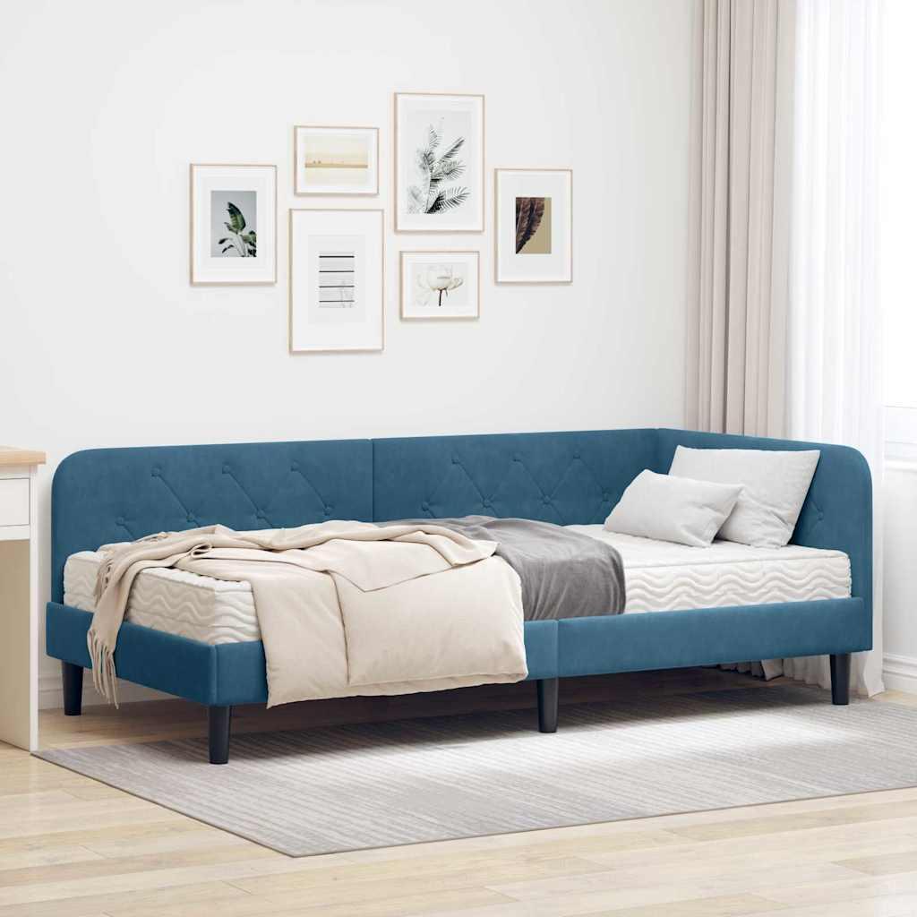 Hjørnesengramme med madras med hovedgærde Blå 90 x 200 cm Fløjl billede