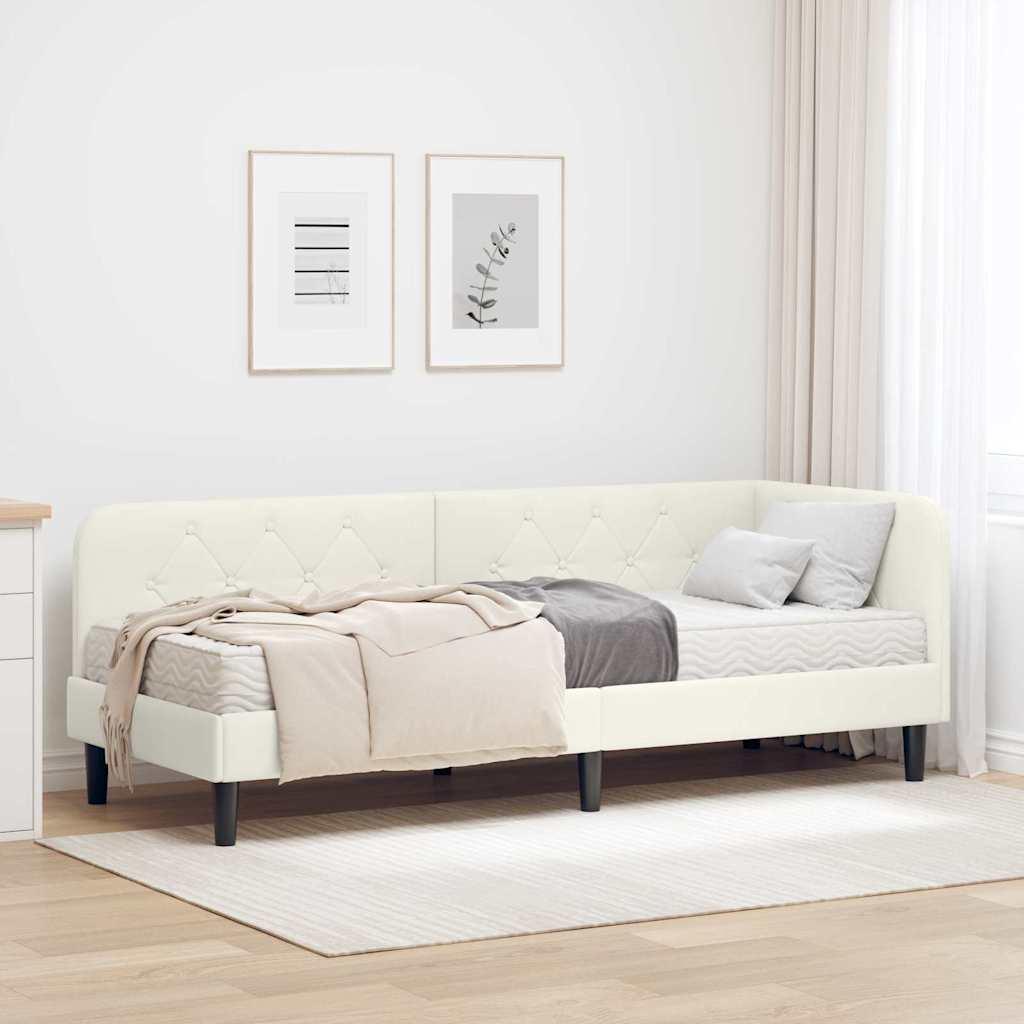 Hjørnesengramme med madras Creme 80 x 200 cm Fløjl billede