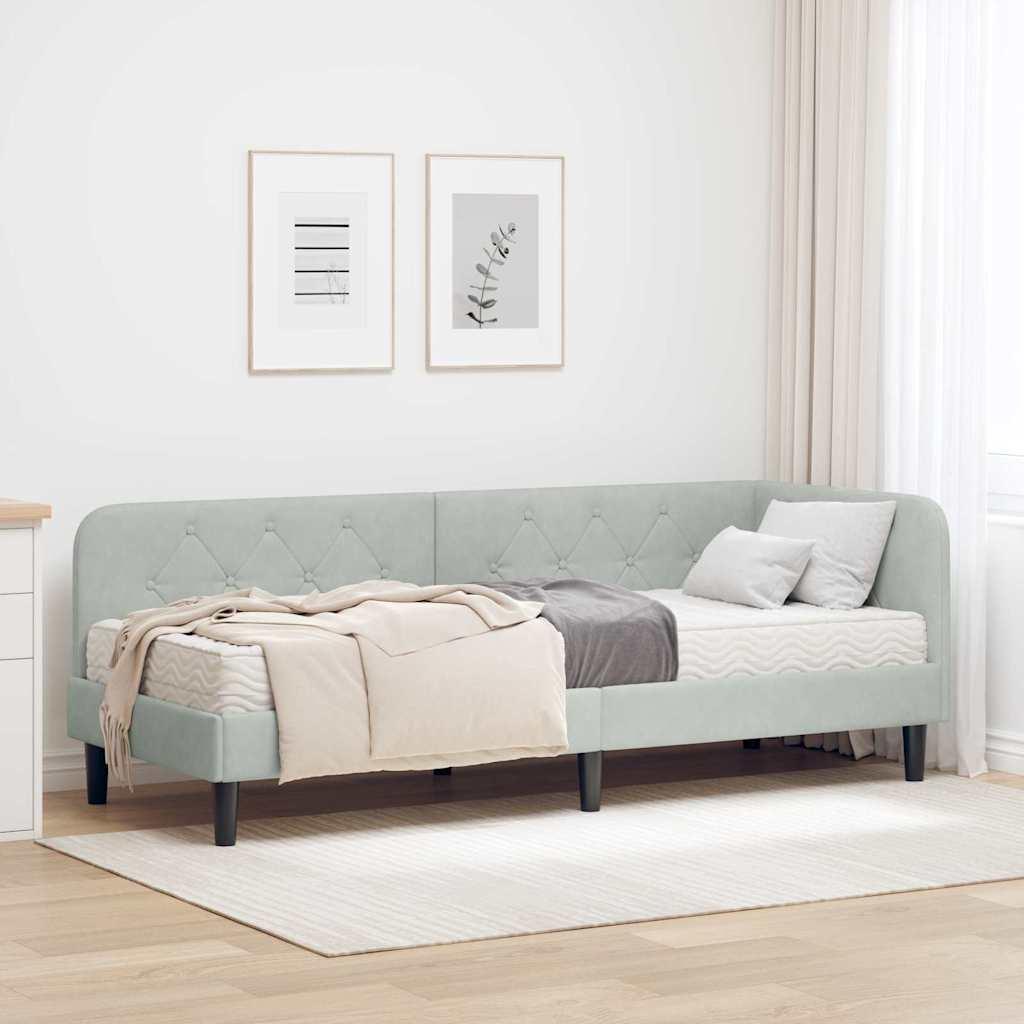 Hjørnesengramme med madras Lysegrå 80 x 200 cm Fløjl billede