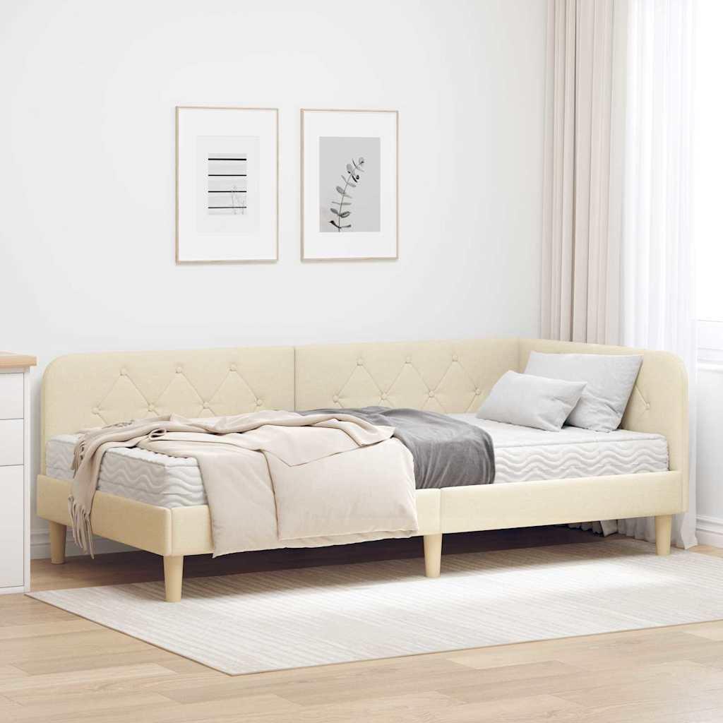 Hjørnesengramme med madras Creme 100 x 200 cm Stof billede