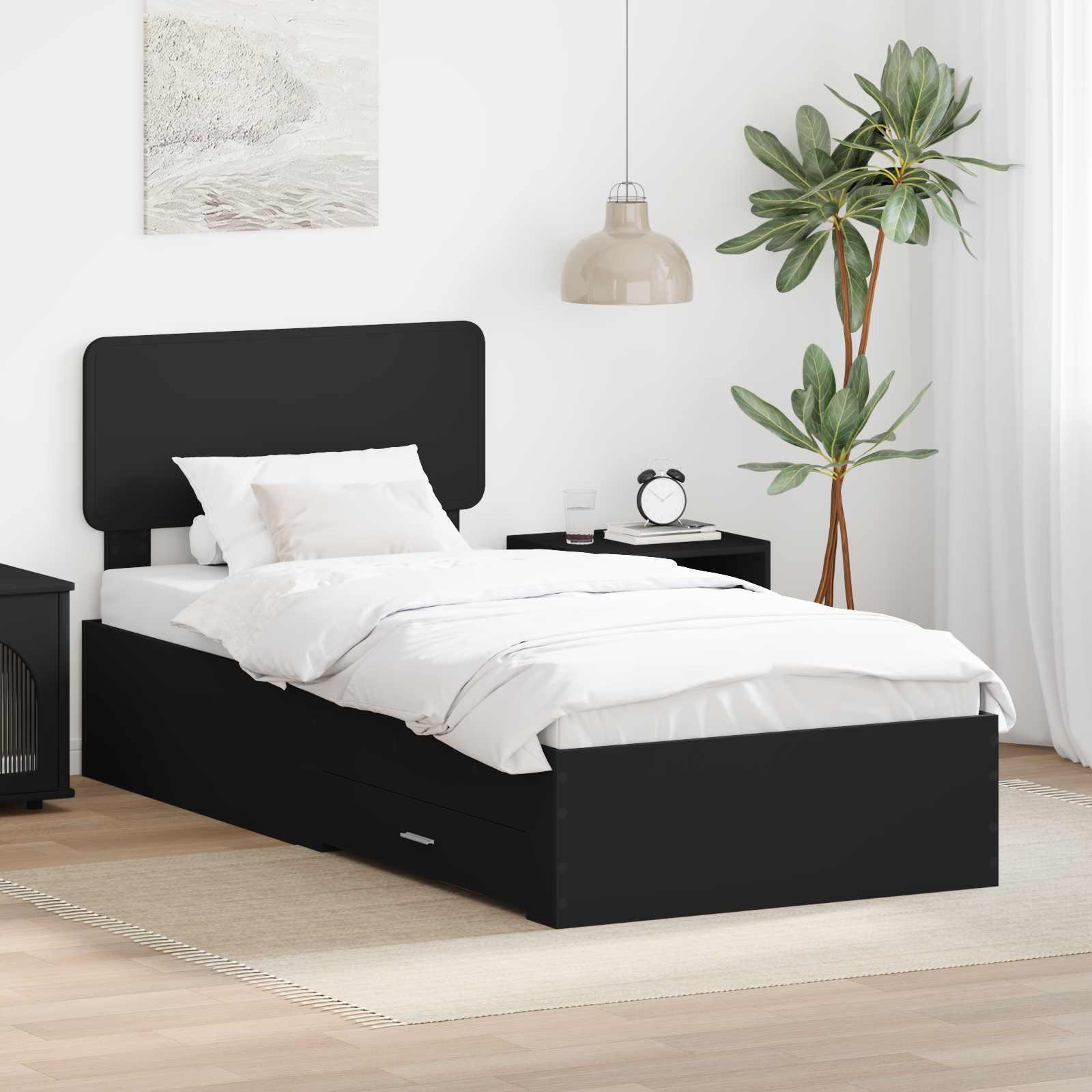 Sengestel med skuffe Sort 100 x 200 cm Konstrueret træ billede