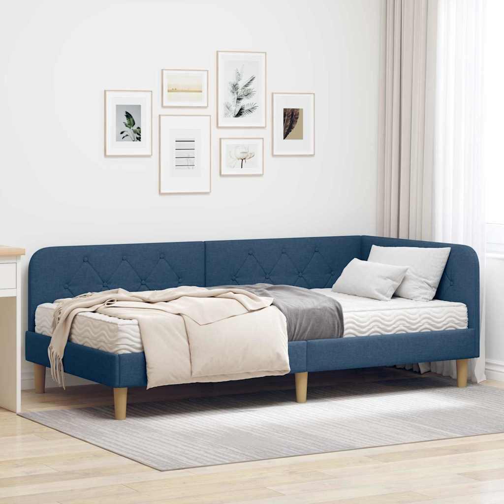 Hjørnesengramme med madras med hovedgærde Blå 90 x 200 cm Stof billede