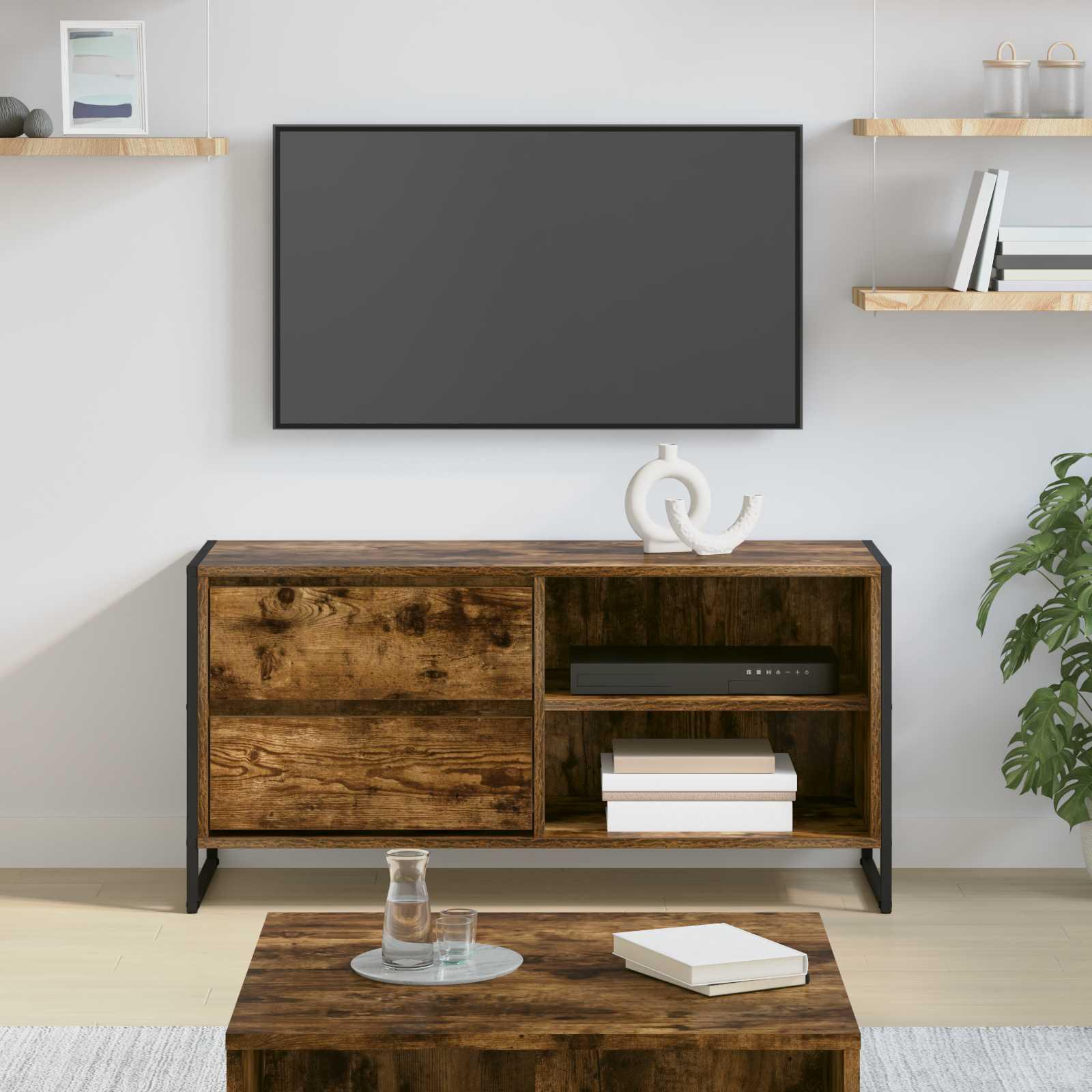 TV-skab med skuffe Røget Eg 100 x 36 x 49,5 cm Konstrueret træ billede