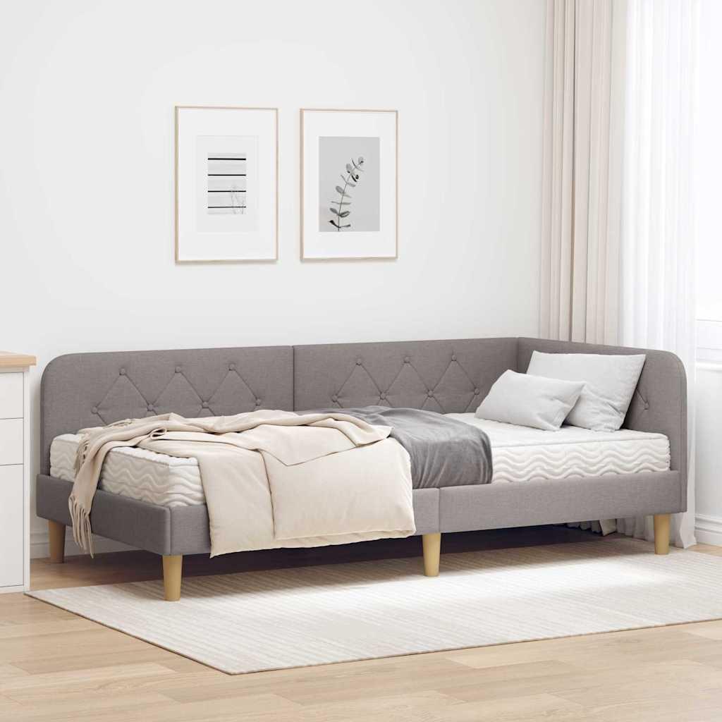 Hjørnesengramme med madras Gråbrun 90 x 190 cm Stof billede