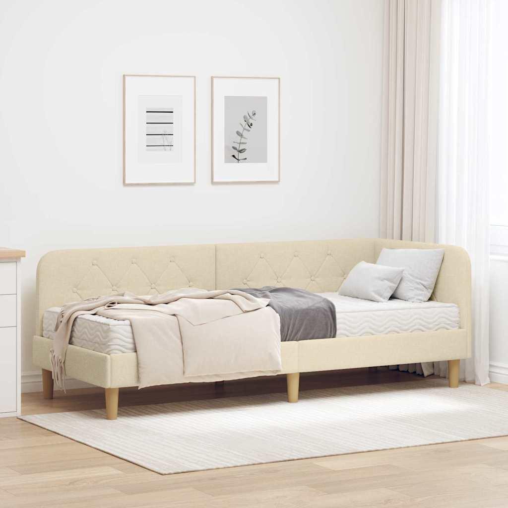 Hjørnesengramme med madras Creme 80 x 200 cm Stof billede