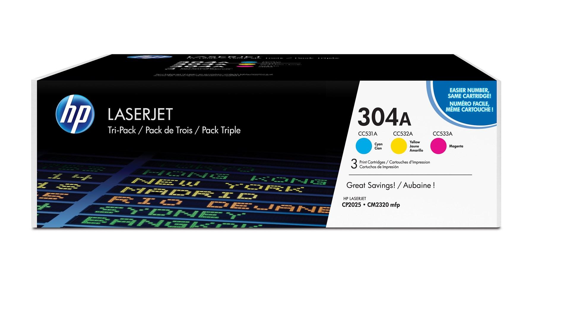 Toner til laserprinter HP 304A 3-pack - cyan/magenta/gul billede
