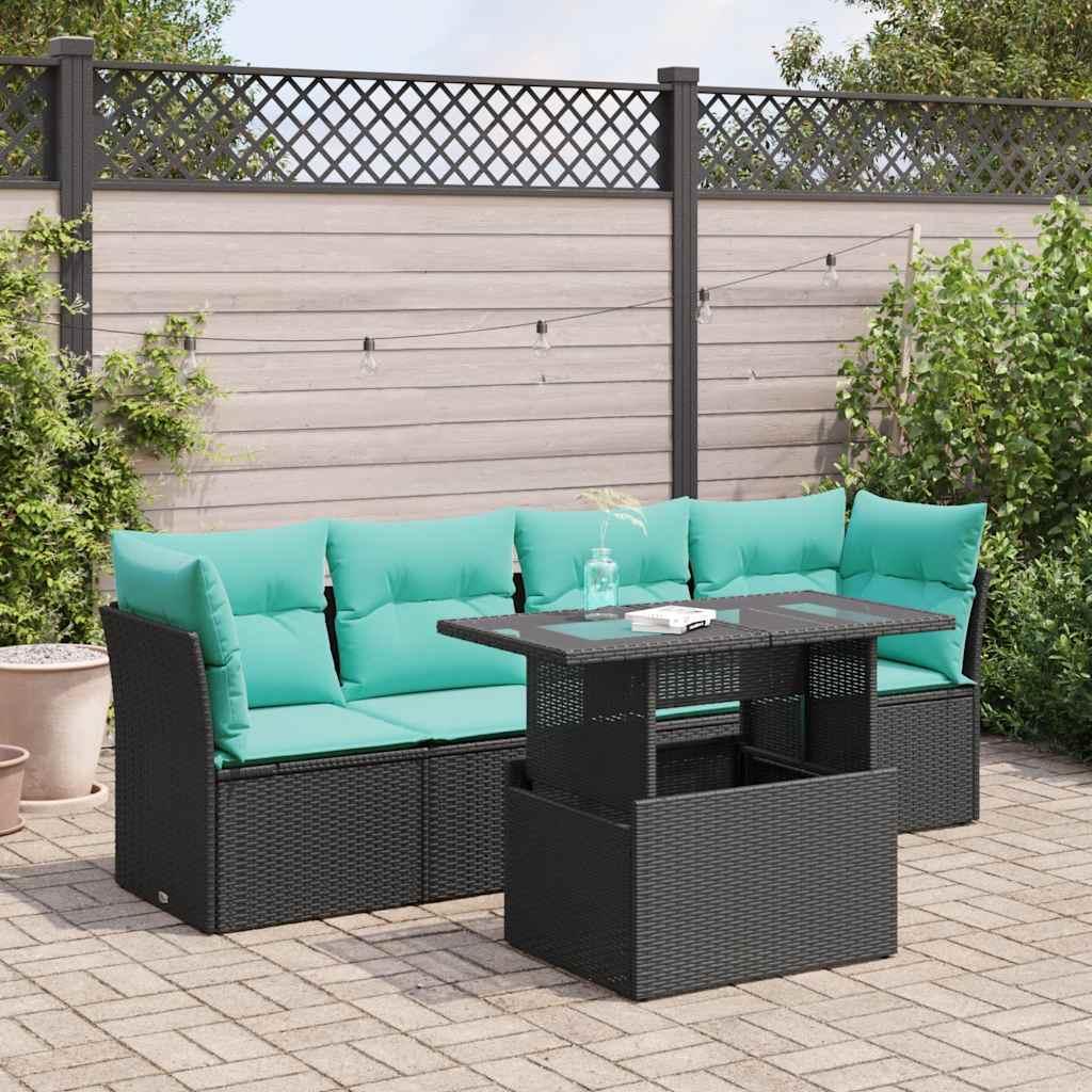 Sofasæt til haven 5 dele med hynder i polyrattan og akacietrælook sort/blå billede