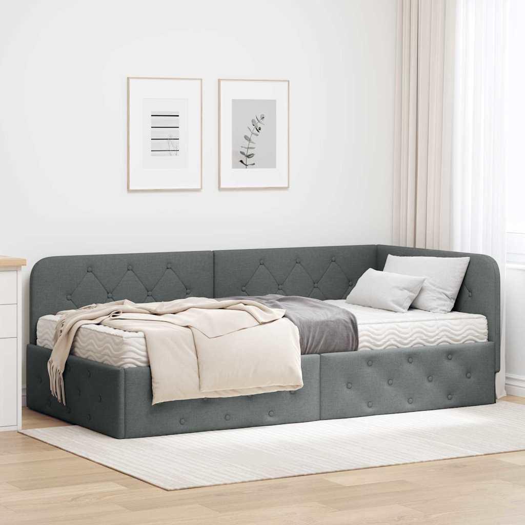Hjørnesengramme med madras Mørkegrå 90 x 190 cm Stof billede