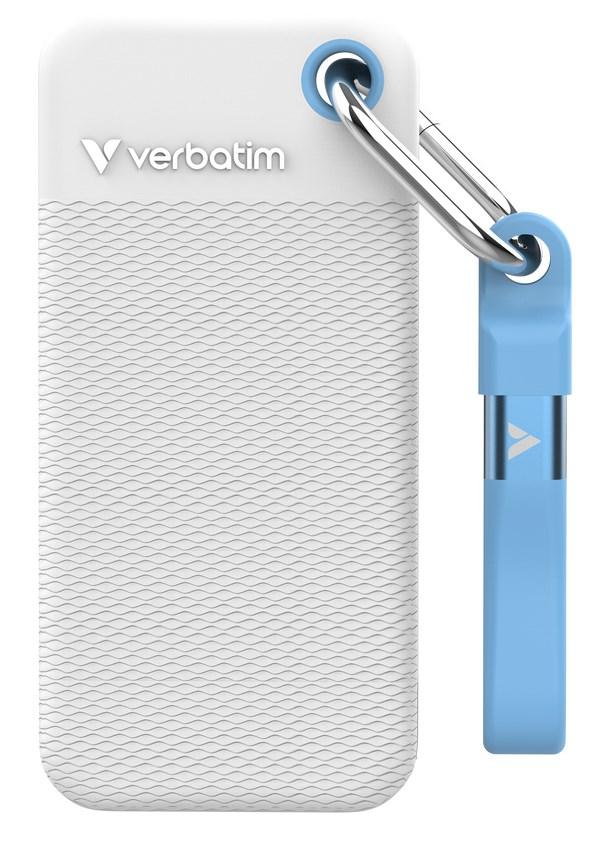 Ekstern SSD Verbatim Pocket 1 TB USB 3.2 Gen 2 – hvid/lyseblå med 2 gummicovere billede