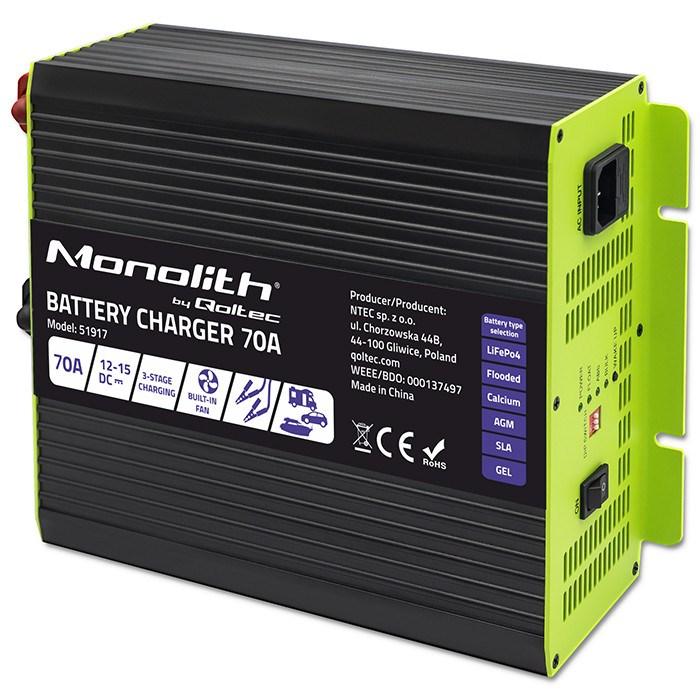 Batterioplader 70A 12V – Qoltec Monolith til LiFePO4, AGM, GEL, SLA – Hurtig opladning billede