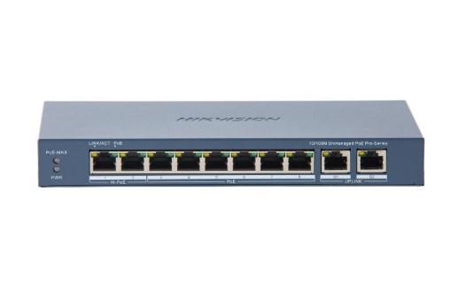 Netværksswitch Hikvision DS-3E0310HP-E(C) – 8x Fast Ethernet PoE + 2x Gigabit, uadministreret, blå billede