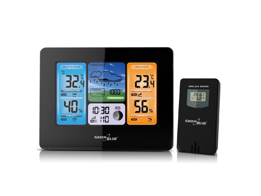 Vejrstation med Wi‑Fi - GreenBlue GB522, sort LCD, batteridrift billede