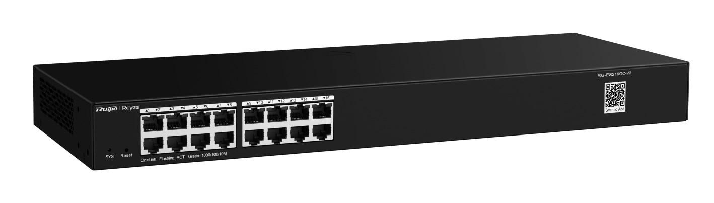 Netværksswitch Ruijie RG-ES200 L2 Managed, 16x Gigabit, desktop/vægmontering, sort