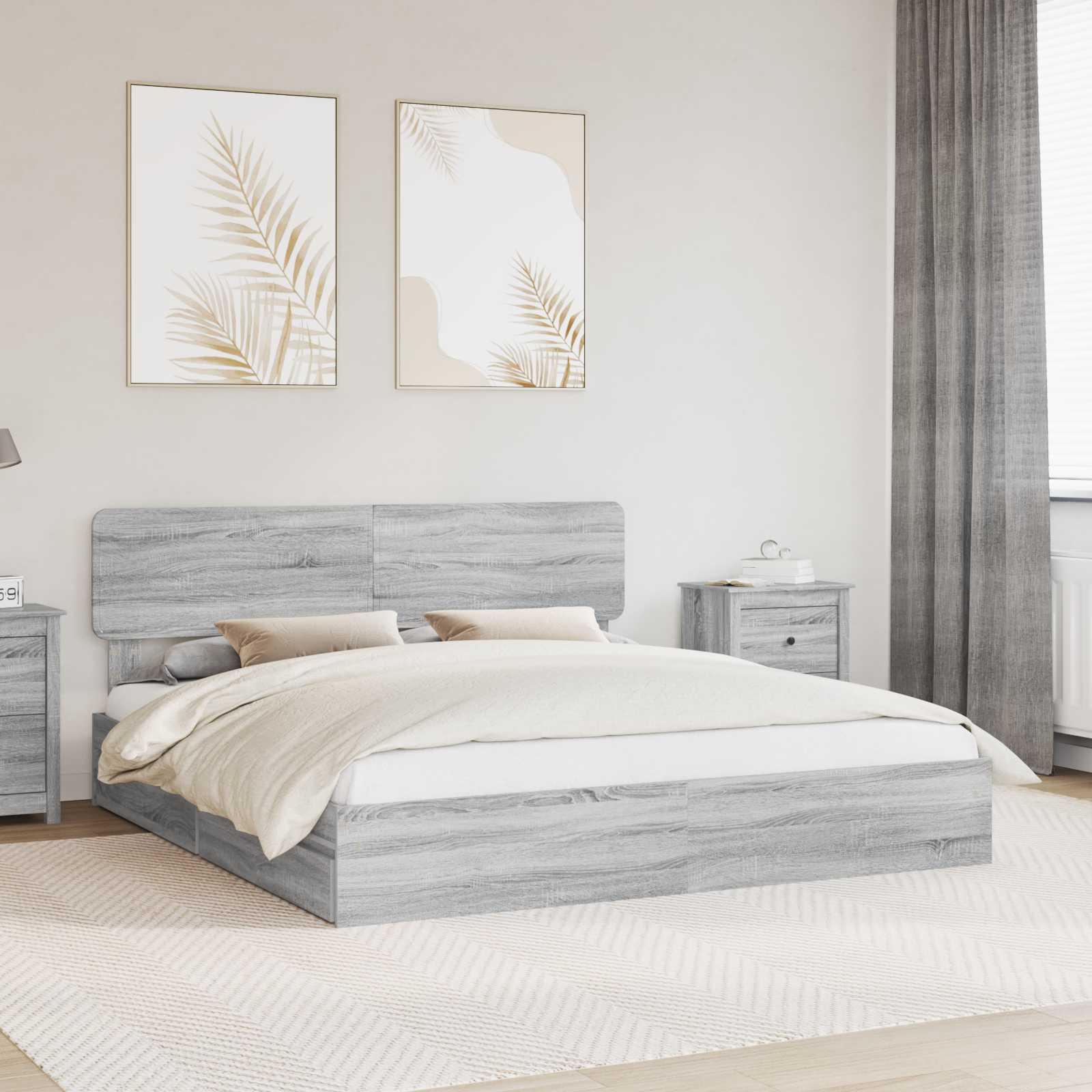 Opbevaringsseng 200 x 200 cm - grå sonoma, konstrueret træ billede