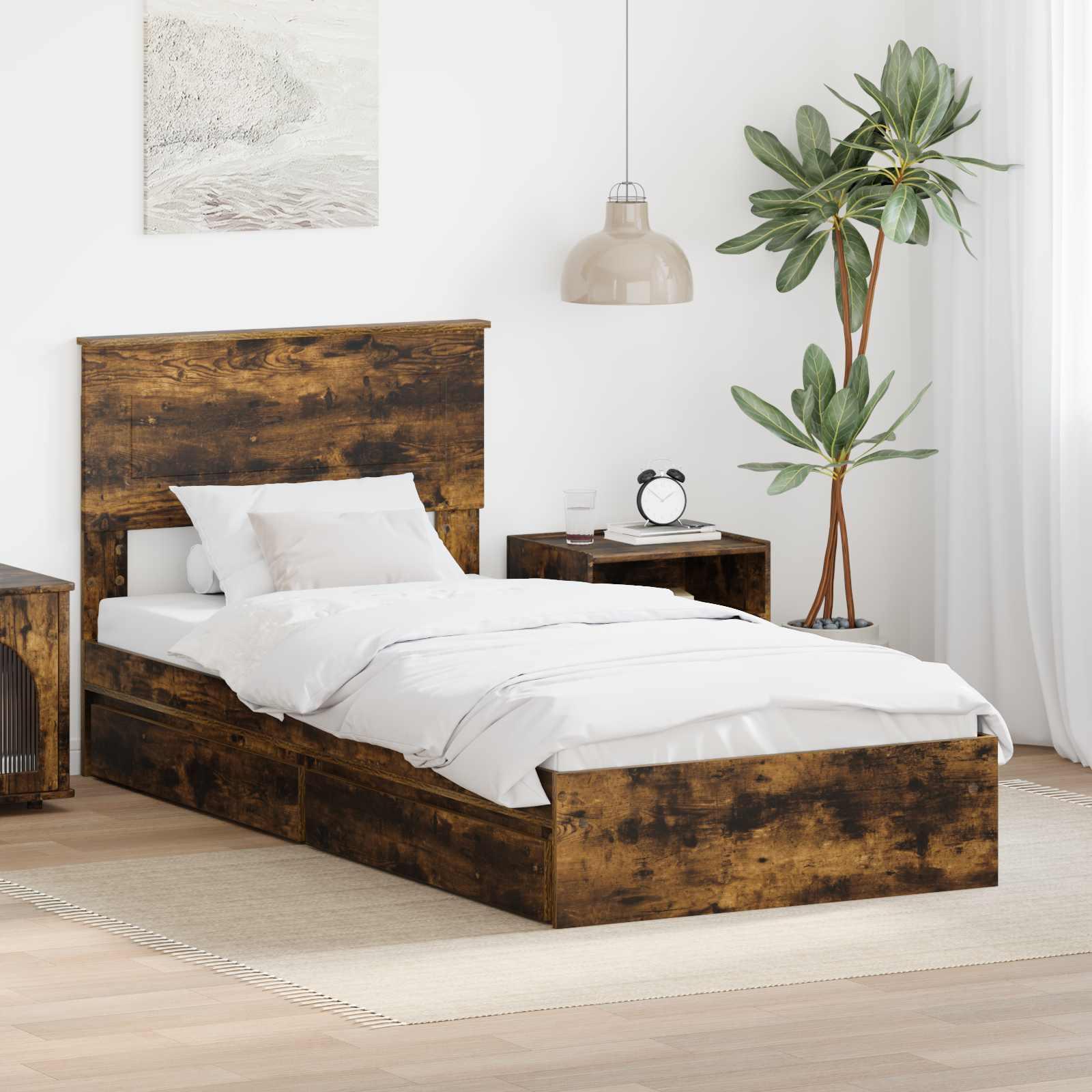 Opbevaringsseng med skuffe Røget eg 90 x 190 cm Konstrueret træ billede