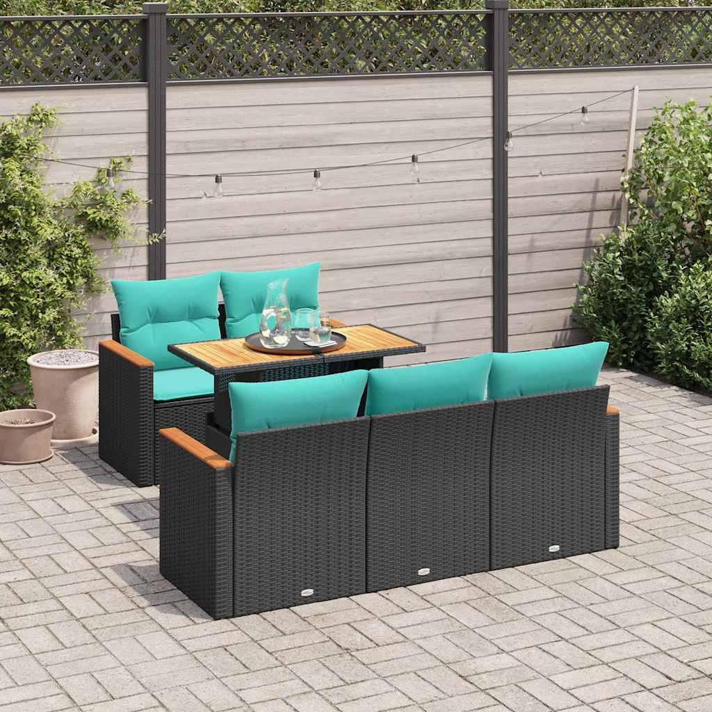 Sofasæt til haven i polyrattan - 6 dele med hynder, sort billede