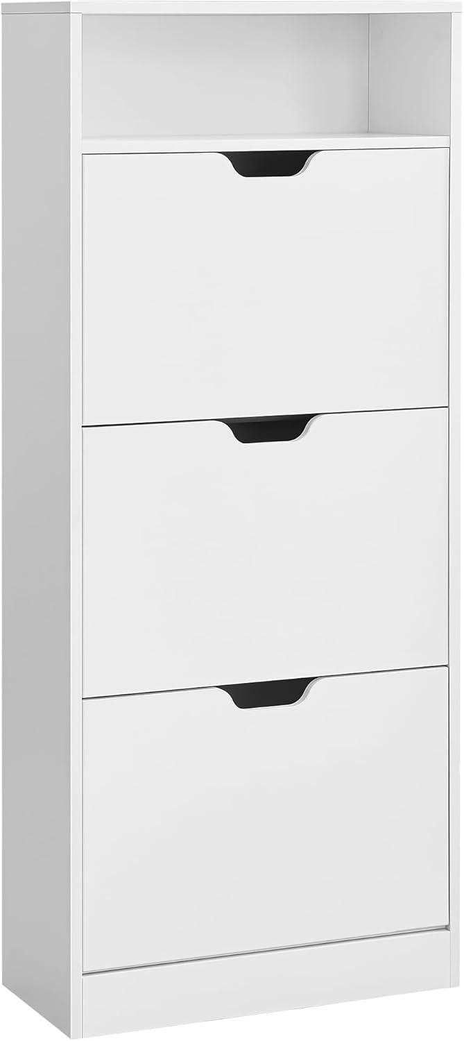 Skoskab med 3 klaplåger åben hylde, justerbar skilleplade, 14-18 par, lille entré, 24 × 60 × 139 cm, cloud white