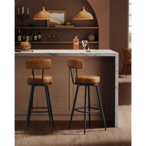 Barstole med ryglæn 2-pak EKHO, drejbare, kunstlæder, karamelbrun, 76 cm