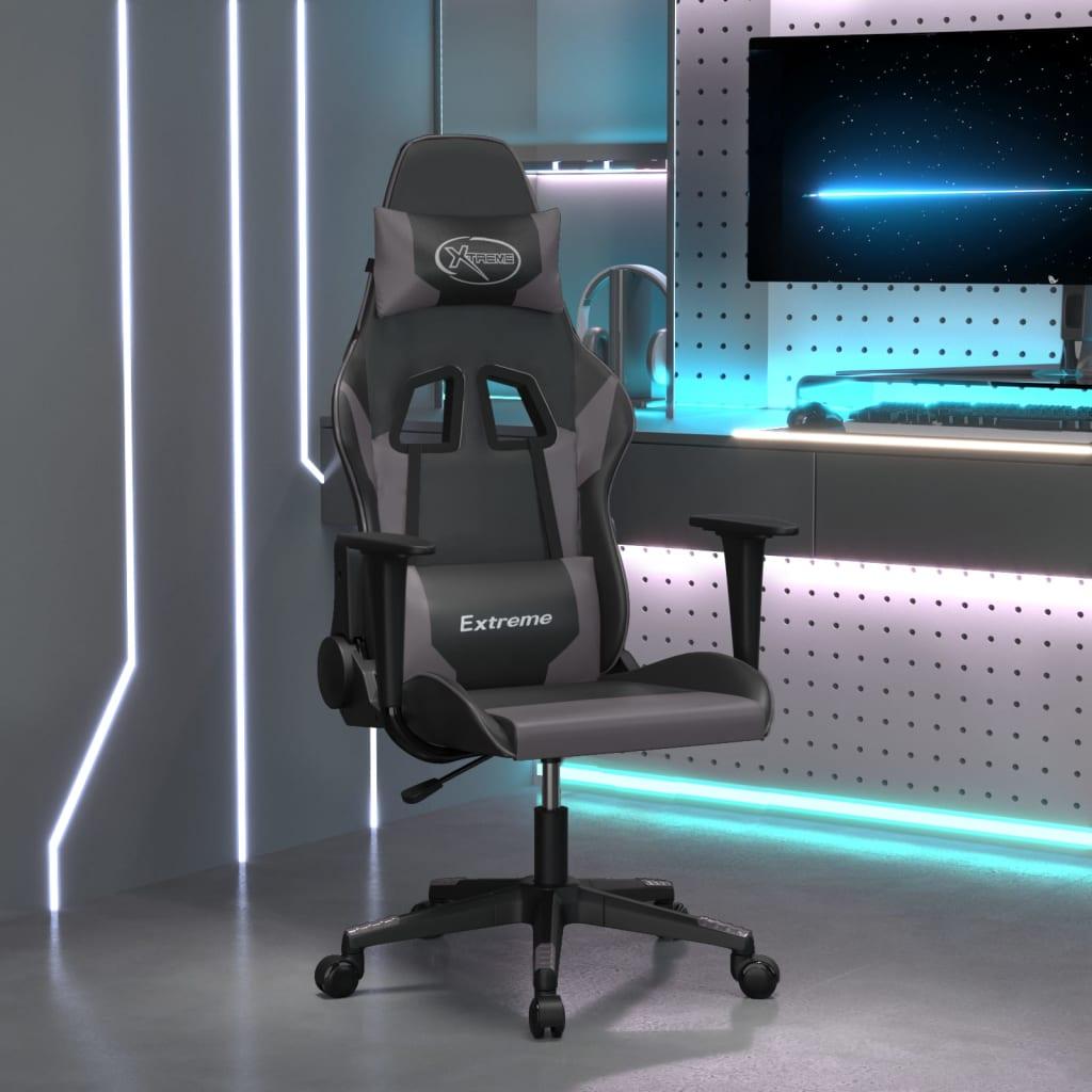 Gamingstol i kunstlæder - sort/grå, justerbar drejestol til gaming og kontor billede