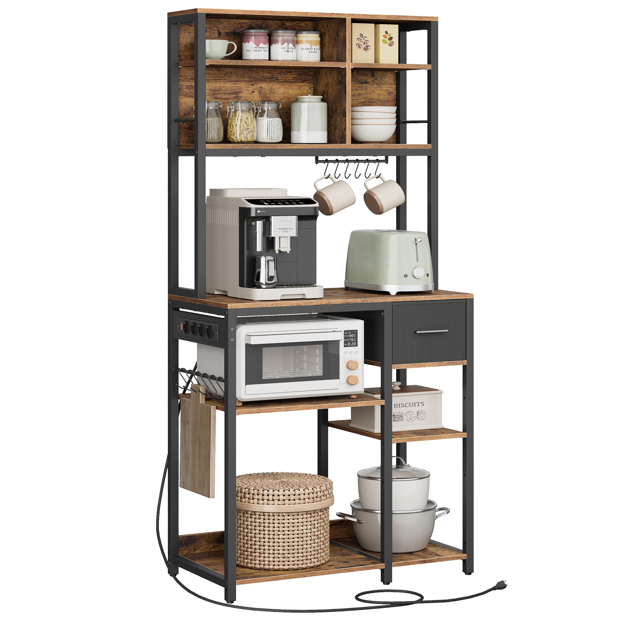 Køkkenreol med stikdåse kaffe bar, justerbare hylder, stofskuffe, 12 kroge, 40 × 80 × 180,4 cm, mikrobølgeovnstativer, rustik brun/sort