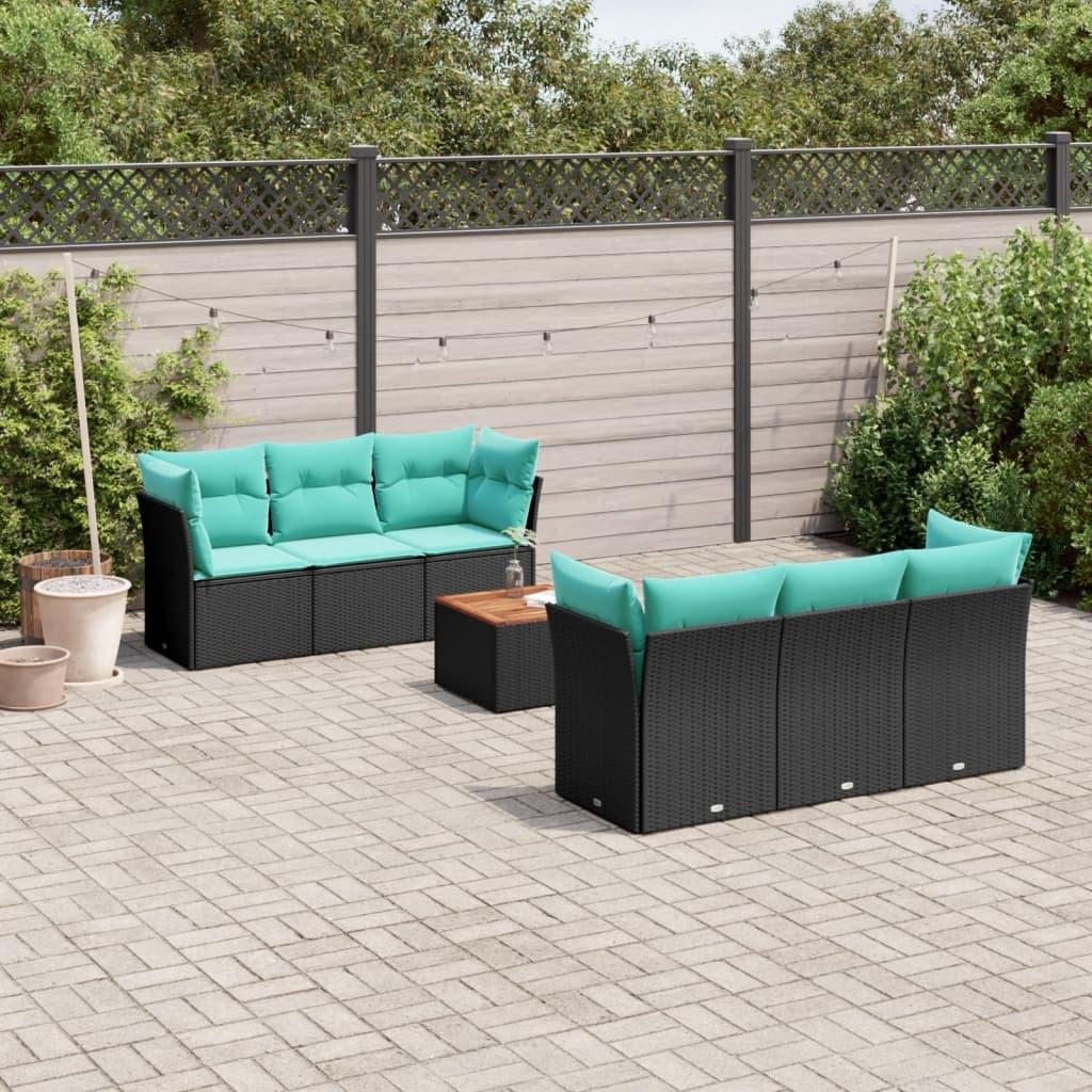Sofasæt til haven - 7 dele i sort polyrattan med blå hynder og bord billede