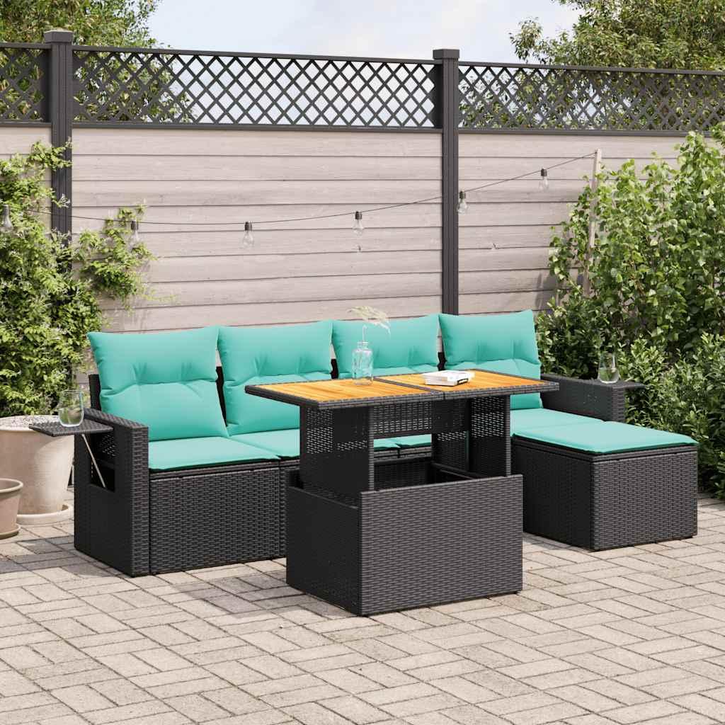 Havesofasæt i polyrattan - 6 dele med hynder, sort/blå billede