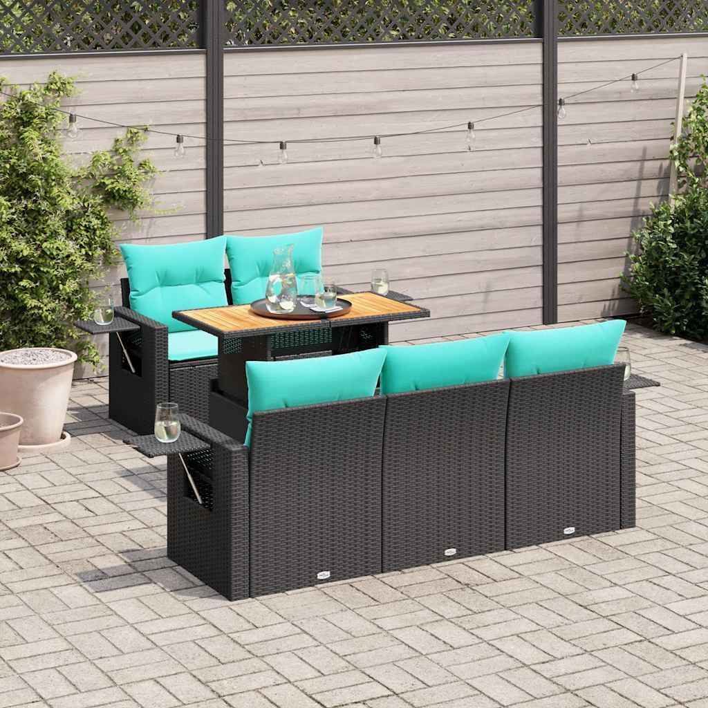 Havesofasæt i polyrattan - 6 dele med hynder, sort/blå billede
