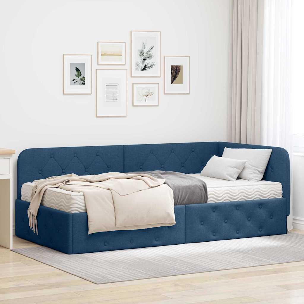 Hjørnesengramme med madras med hovedgærde Blå 100 x 200 cm Stof billede