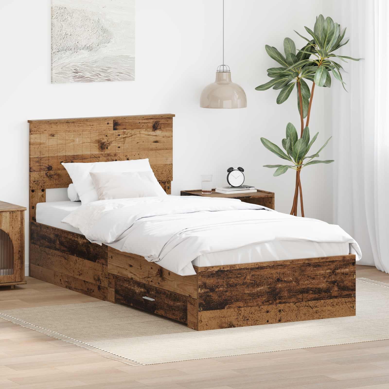 Sengestel med skuffe Gammelt træ 90 x 200 cm Konstrueret træ billede