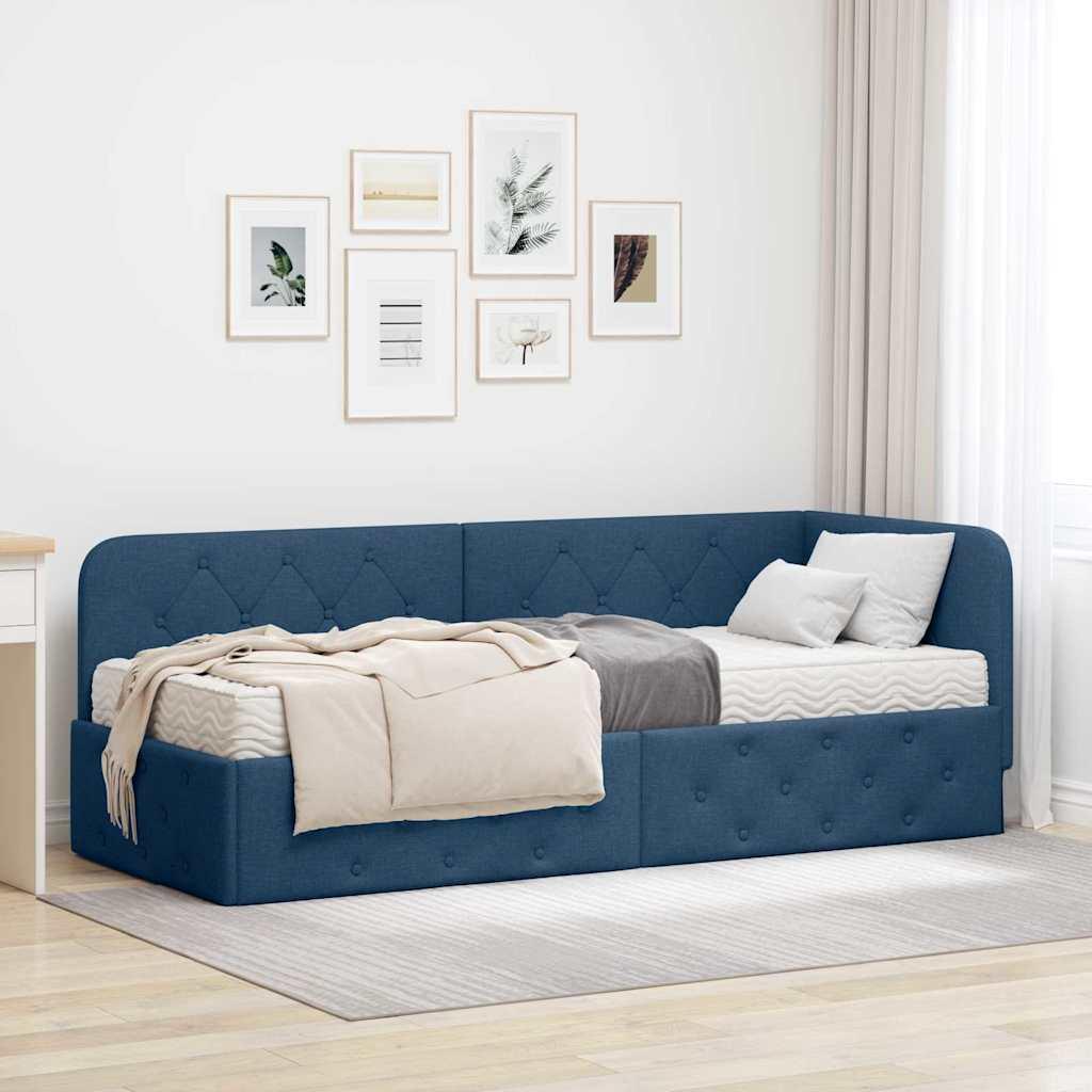 Hjørnesengramme med madras med hovedgærde Blå 80 x 200 cm Stof billede