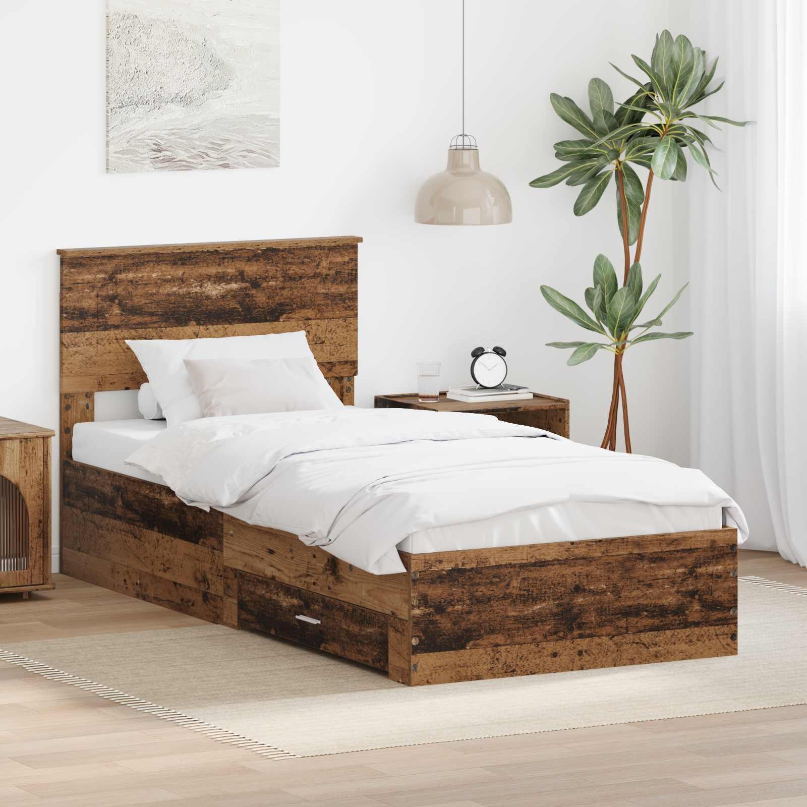 Sengestel med skuffe Gammelt træ 90 x 190 cm Konstrueret træ billede