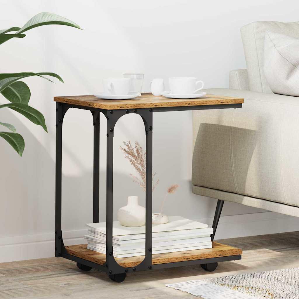 C-formet sidebord med hjul - gammelt træ, 50 × 35 × 55,5 cm, konstrueret træ billede