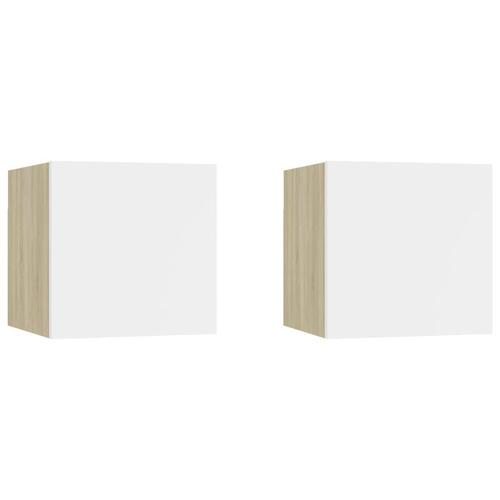Sengeskabe 2 stk. 30,5x30x30 cm hvid og sonoma-eg