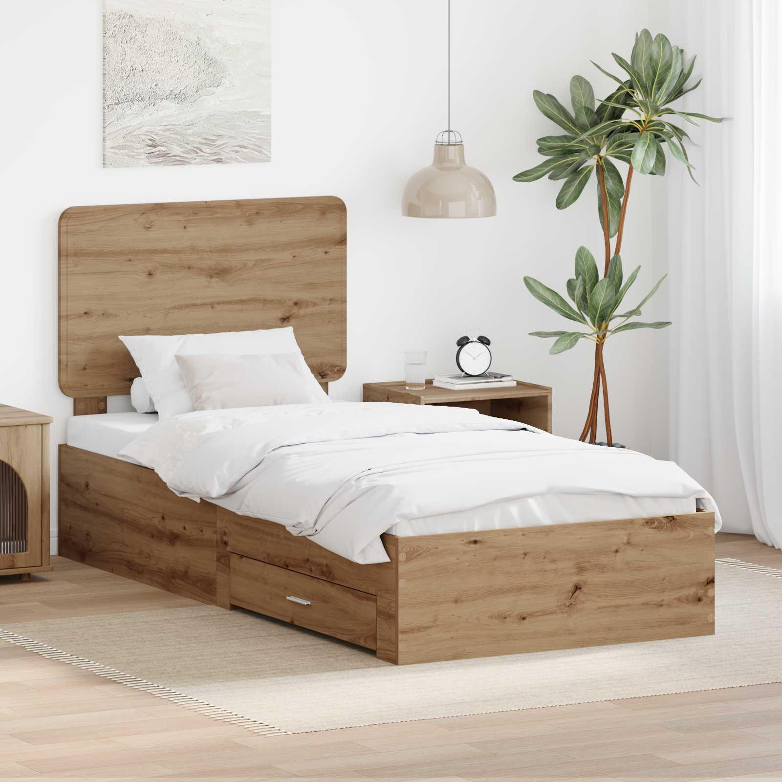 Sengestel med skuffe Artisan Egetræ 90 x 190 cm Konstrueret træ billede