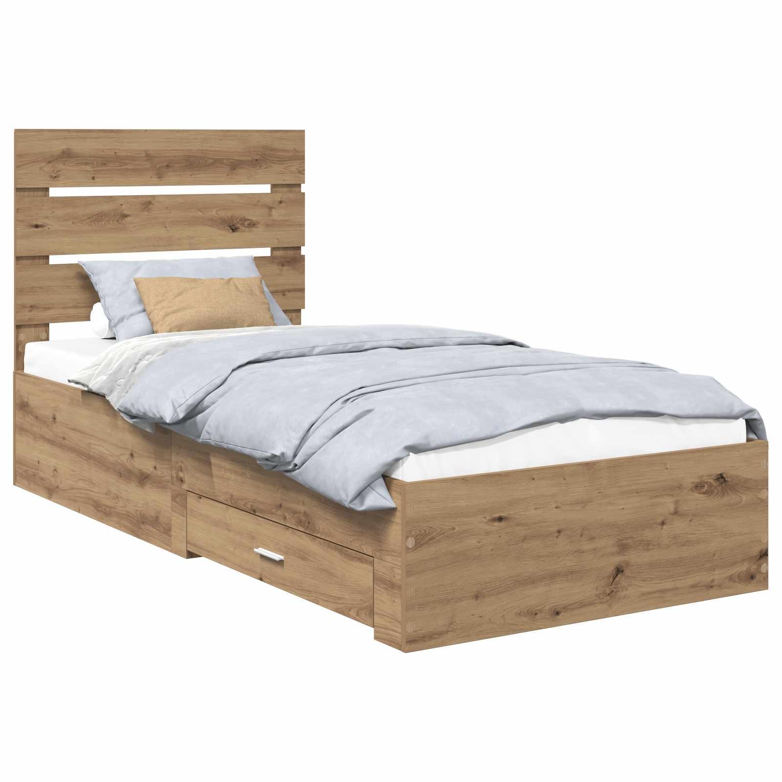 Opbevaringsseng med skuffe - 90 x 200 cm, artisan egetræ, konstrueret træ billede