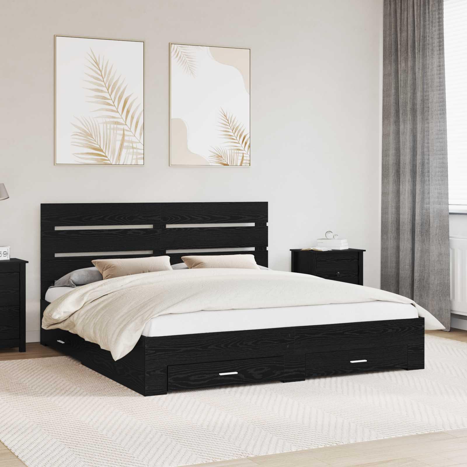 Sengestel med skuffe Sort eg 180 x 200 cm Konstrueret træ billede