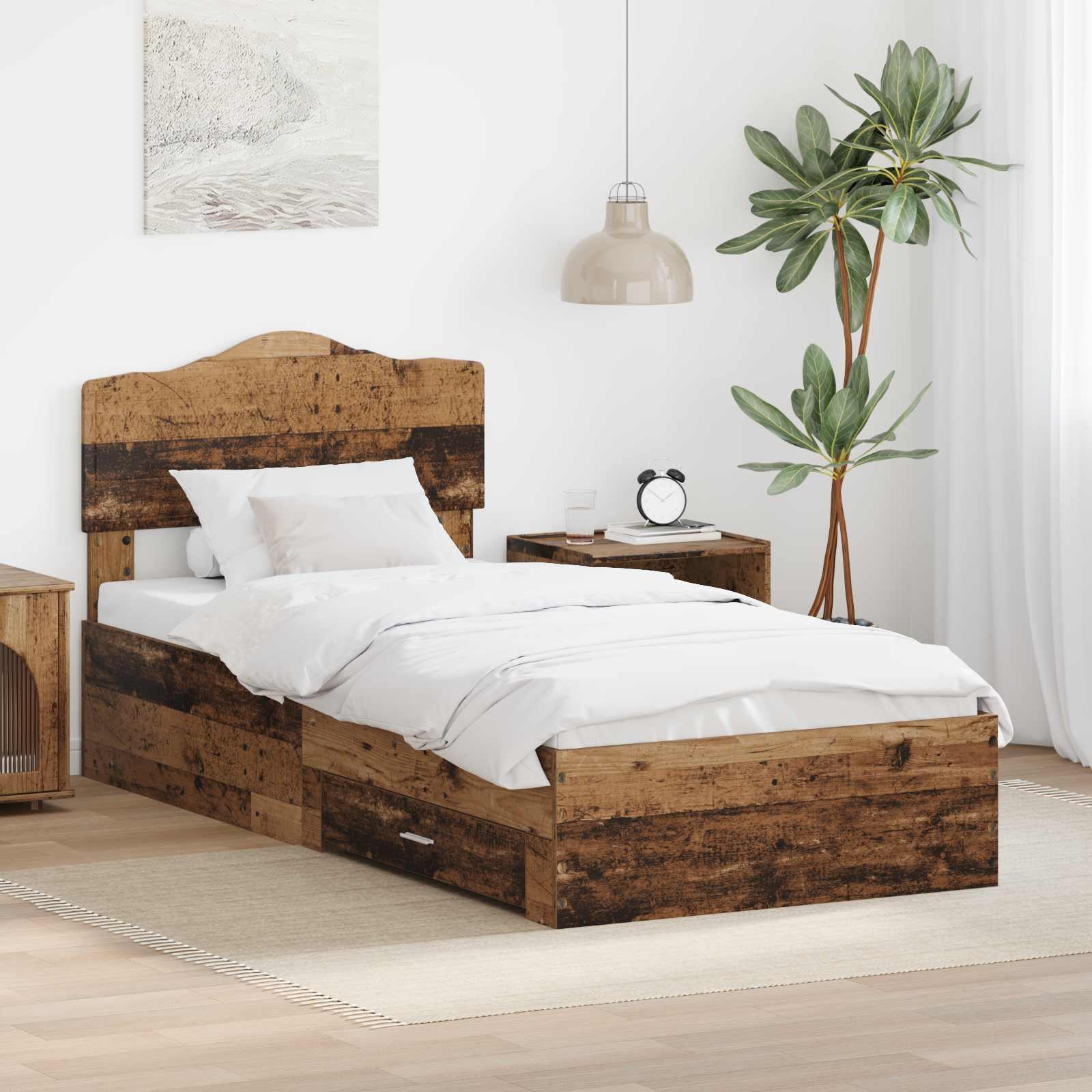 Sengestel med skuffe Gammelt træ 90 x 190 cm Konstrueret træ billede