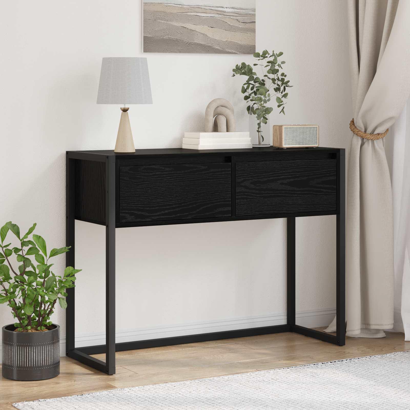 Endebord med skuffe Sort eg 100 x 36 x 75 cm Konstrueret træ billede
