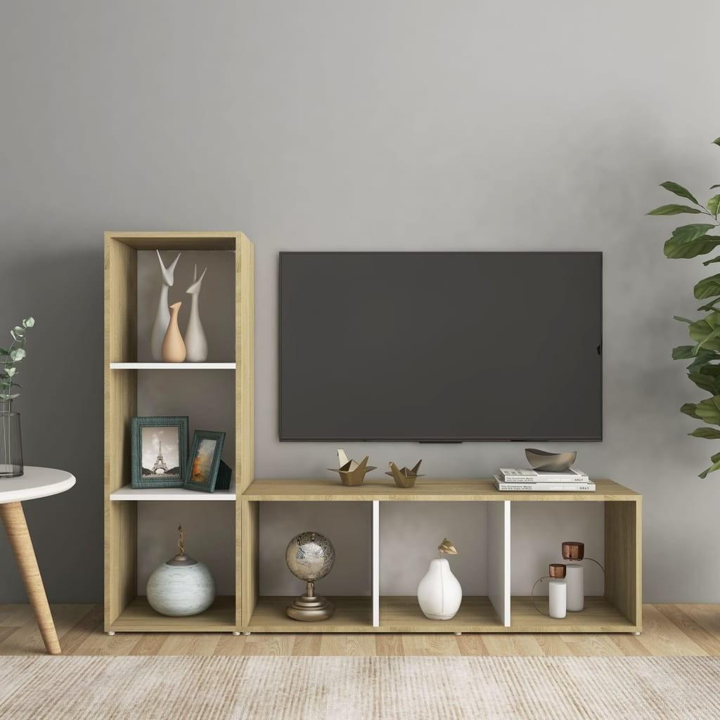 Tv-skabe 2 stk. 107x35x37 cm konstrueret træ hvid og sonoma-eg