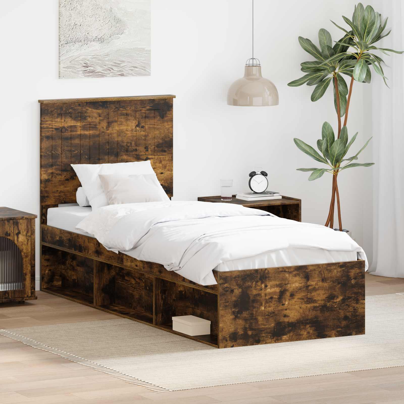 Sengestel med hovedgærde - røget eg, 75 × 190 cm, massiv fyrretræ billede