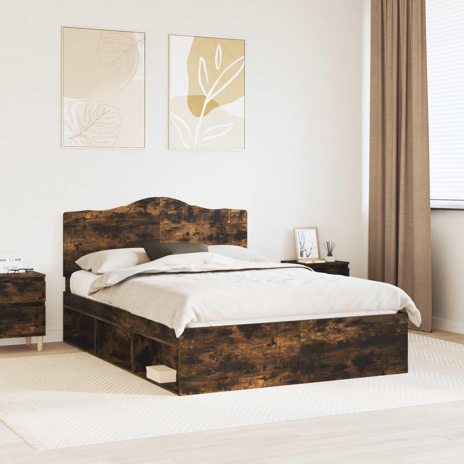 Sengestel med hovedgærde Røget eg 140 x 190 cm Massiv fyrretræ billede