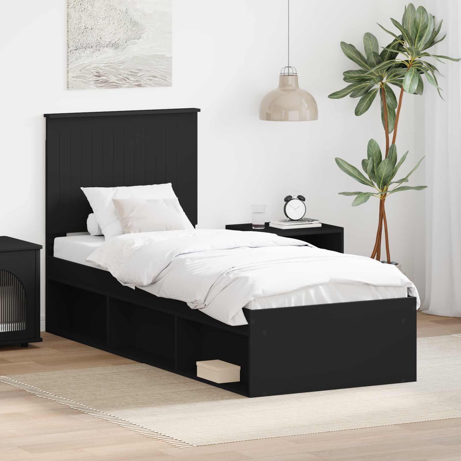 Sengestel med hovedgærde Sort 75 x 190 cm Massiv fyrretræ billede