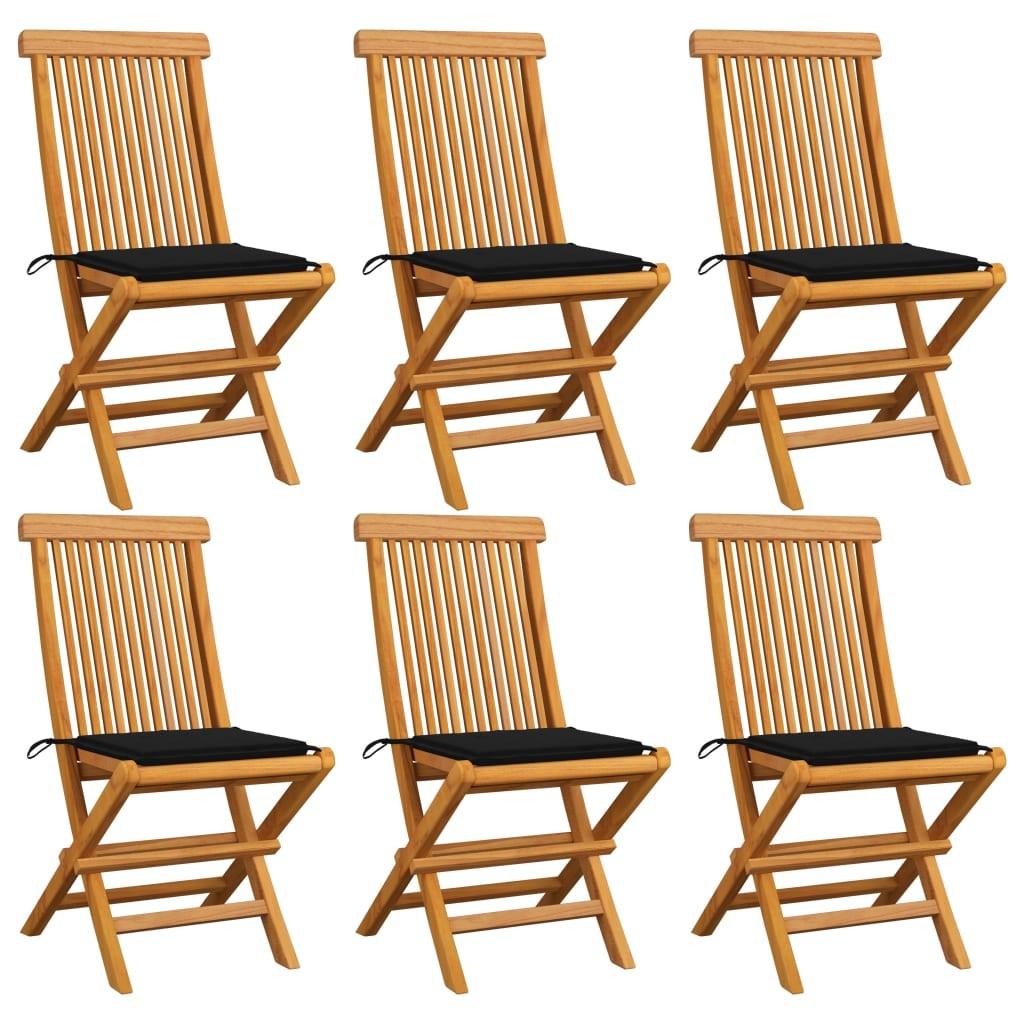 Havestole med sorte hynder 6 stk. massivt teaktræ