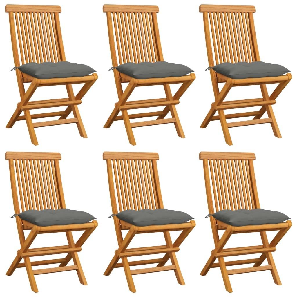 Havestole med grå hynder 6 stk. massivt teaktræ