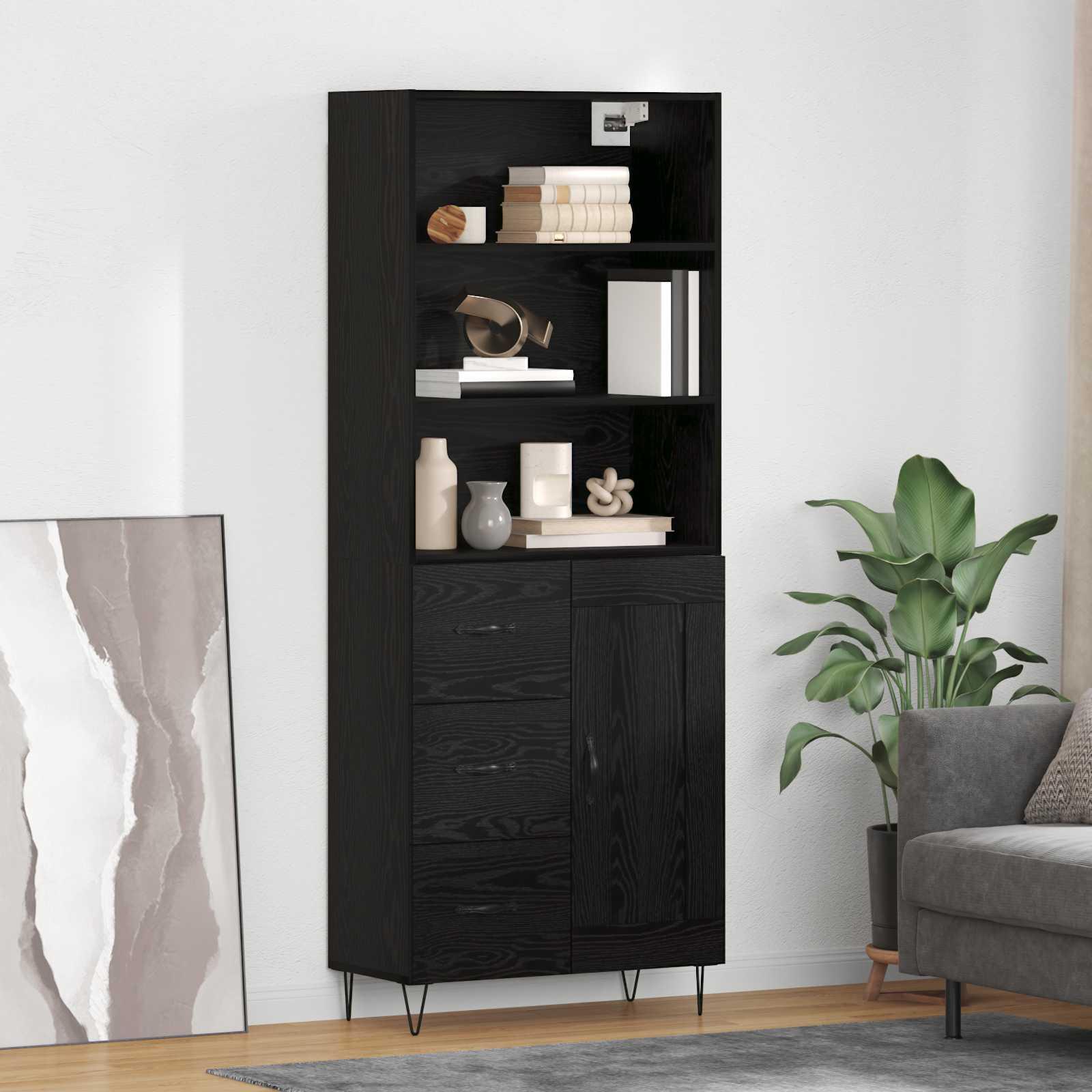 Highboard med skuffe Sort eg 69,5 x 34 x 180 cm Konstrueret træ billede