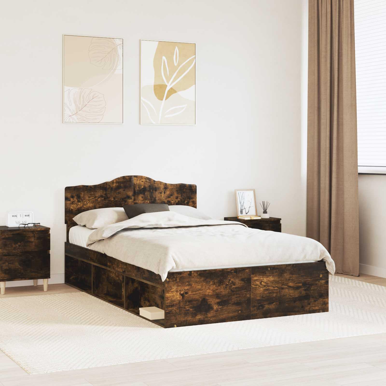 Sengestel med hovedgærde Røget eg 135 x 190 cm Massiv fyrretræ billede