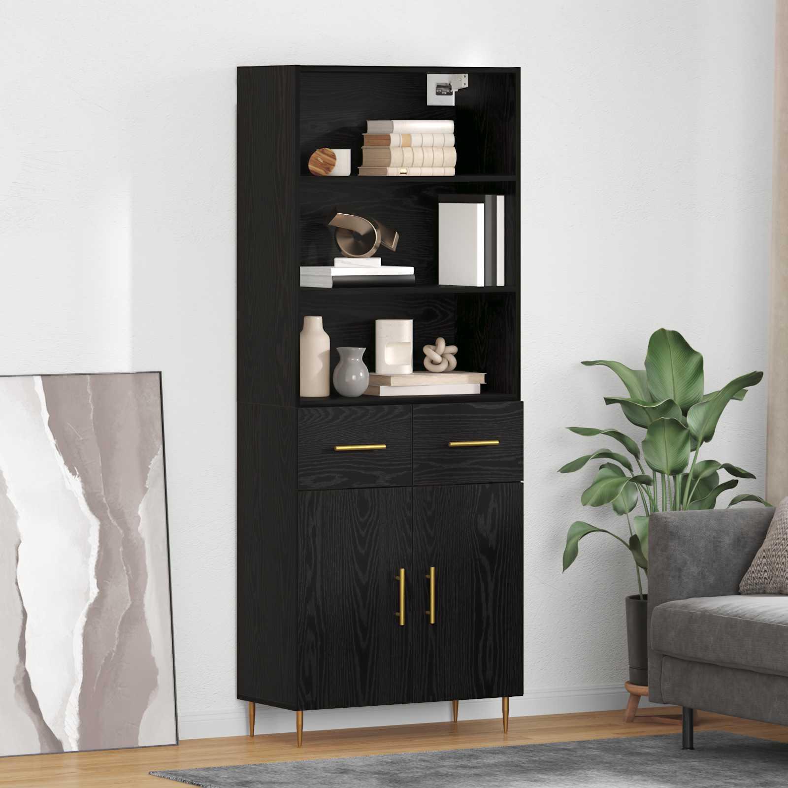 Highboard med skuffe Sort eg 69,5 x 34 x 180 cm Konstrueret træ billede