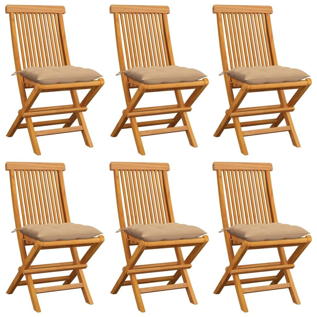 Havestole med beige hynder 6 stk. massivt teaktræ